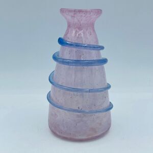 Murano Baby Pink Speckle Frosted Base Light Blue Spiral Applied Glass Strip Vase